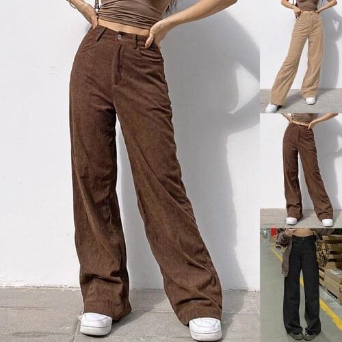 Women High Waist Pockets Solid Color Corduroy Straight Pants Wide Leg Trousers Outswear women clothing Pants Corduroy