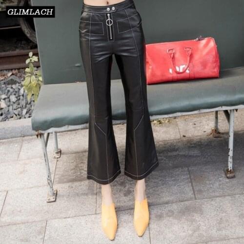 Plus Size Genuine Leather Flare Pant Women Slim Harajuku Ankle Length Real Leather Sheepskin Trousers Ladies Streetwear Female