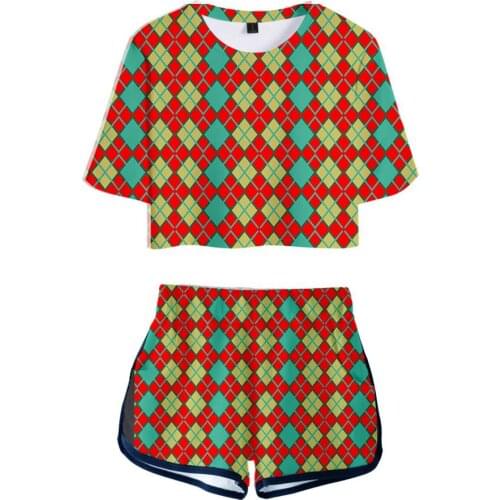 2021 Cartoon Animal Checkered leaf Printed Women Two Piece Set Summer Short Sleeve Top+Shorts Cute Girls Casual Sexy Streetwear