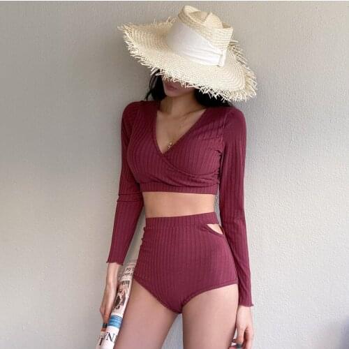 Korean style long-sleeved ins wind split high waist sexy swimsuit women bikini