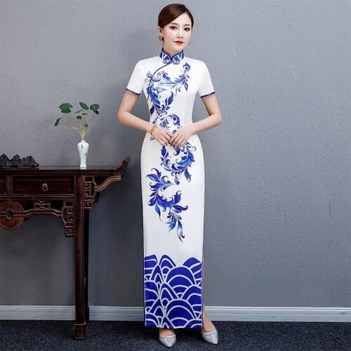 White Blue Women Evening Cheongsam Long Party Dress Mandarin Collar Chinese Style Wedding Banquet Bride Gown Vestido S-5XL