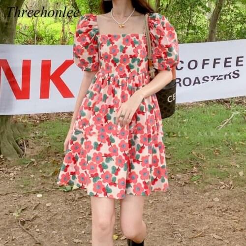 Korean Fashion Dress Women Summer 2021 Vintage Puff Sleeve Pink Floral Square Collar Mini Silm Party Female Dresses Vestidos