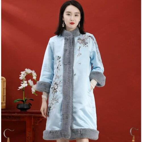 Stand-Collar Single-Breasted Cotton Women Retro Embroidery Mid-Length Autumn And Winter Chinese Style Slim Lady Coat M-2XL