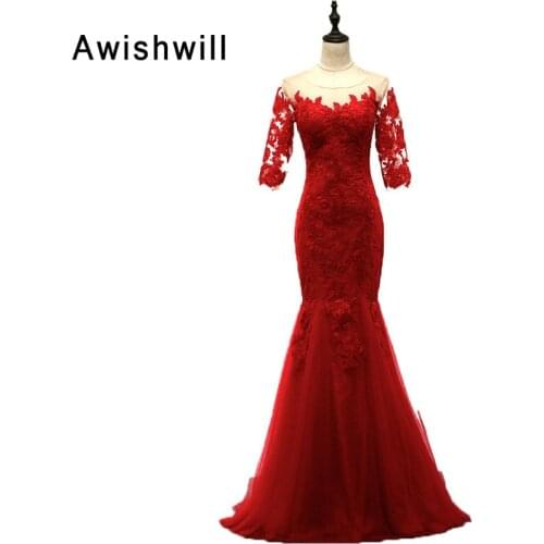 Vestido de Festa Longo 2020 Red Party Dress With 3/4 Sleeves Appliques Tulle Mermaid Evening Dress for Women Formal Party Dress