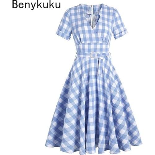 Blue Plaid Vintage Midi Dress Belted Summer Clothes for Women Short Sleeve V Neck High Waist Robe Elegant Retro A Line Dresses
