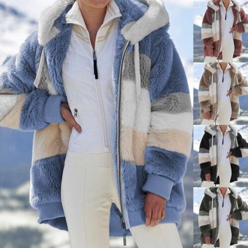 Women Winter Coat Contrast Color Hooded Loose Plush Zipper for Daily Wear Hooded 2021 Loose Jackets Warm