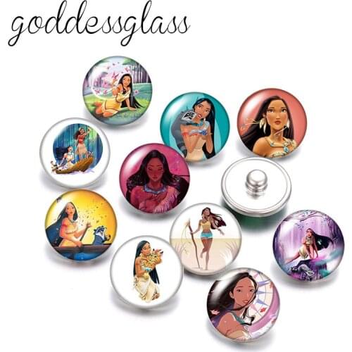 Disney Pocahontas Indian princess 10pcs Round photo glass 18mm snap buttons for 18mm snap bracelets jewelry wholesale