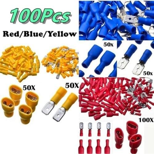 100Pcs Insulated 12-10/16-14/22-18AWG Spade Electrical Connectors Crimp Male & Female Connectors Kits prensaterminales