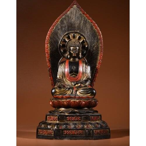 14"Chinese temple collection Old Bronze Lacquer Cinnabar Great Buddha Tathagata Back light Sitting Buddha Ornaments Town House