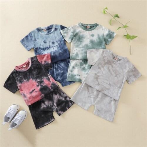 2021 Cute Toddler Kids Outfit Set Unisex Tied-Dye Short Sleeves T-Shirt + Elastic-Waist Shorts for Small Girls Boys 4 Colors