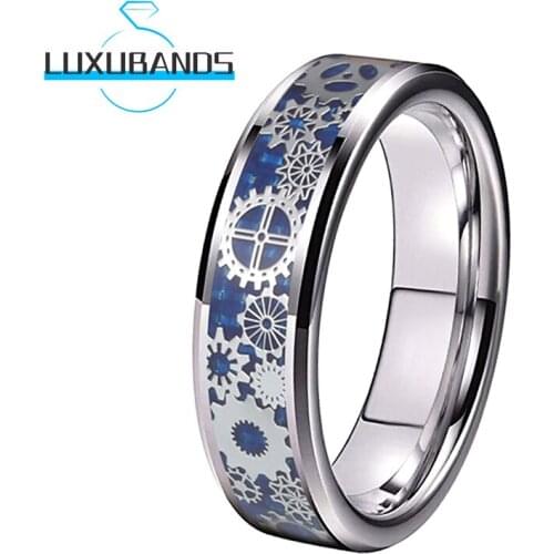 6MM Womens Men Tungsten Wedding Bands Gears Beveled Edges Blue Carbon-Fiber Inlay Polished Finished Comfort Fit
