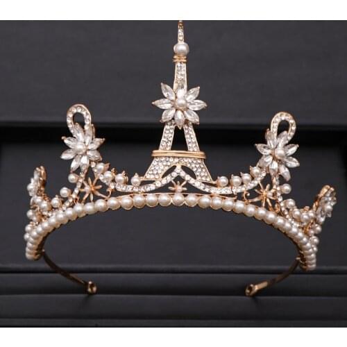 AiliBride Trendy Gold Color Tower Shape Pearl Crystal Tiara Bridal Crown Headpiece Hair Jewelry Wedding Hair Accessories HG053