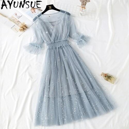 AYUNSUE Women Summer Dress 2020 Midi Party Korean Dress Elegant Party Mesh Glitter Dress Female Vestidos De Festa KJ4331