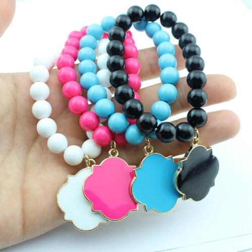 ZWPON Colorful Blank Enamel Clover Monogram Beads Bangles Elastic Charm Bracelets for Women Fashion Inspirational Jewelry