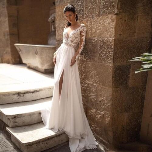 Chiffon Slit Long Wedding Dresses with Sleeves Boho Lace Backless V Neck Side Split Bohemian Wedding Bridal Gowns Open Back New