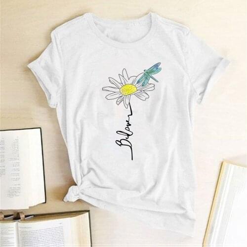 Flower Dragonfly Blove Printing T-shirts Women Summer Aesthetic Clothes Streetwear Graphic Tee Woman Crew Neck Harajuku Top