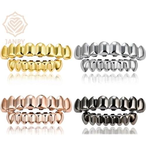 JANRY HIP Hop Teeth Grillz 18K Gold Color Plated Top & Bottom Gold Teeth Grills Sets For Men Women