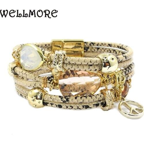 WELLMORE snake-print Leather bracelet,Stone, crystal,Peace mark Bohemian bracelets for women jewelry wholesale