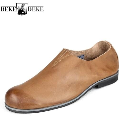 Vintage British Style Casual Leather Shoes Men Fashion Loafers 100% Genuine Leather Slip On Business Office Shoes Comfortable