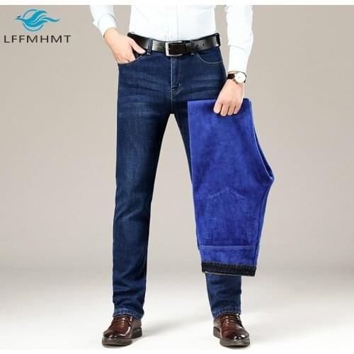 Men Winter New Fashion Stretchy Fleece Denim Pant Male Slim Fit Straight Jeans Business Casual Warm Large Size Blue Jean Trouser