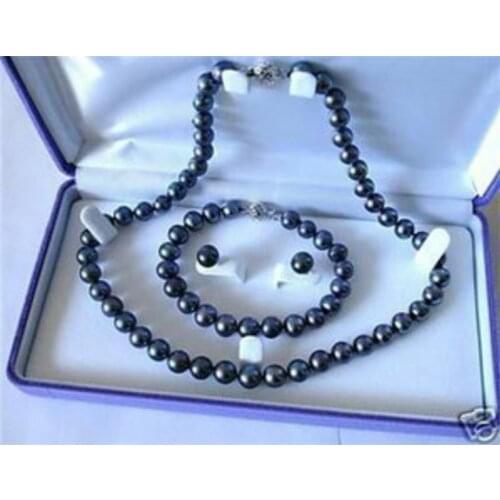 7-8mm Black Akoya Cultured Pearl Necklace Bracelet Earring Set 18" 7.5" Wholesale price does not include jewelry box