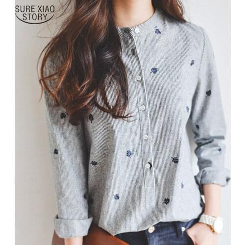 New 2021 spring summer fashion shirts embroidery striped stand Collar women blouse plus size women Blouses feminina 100F 37