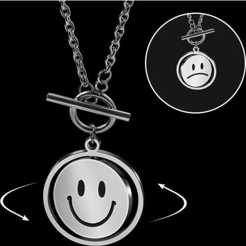 New 2021 Fashion Jewelry Korean Rotating Smiley Street Couple Double Face Expression Necklace for Women Kpop Necklace Pendant