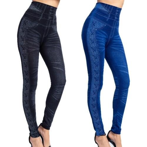 Plus Size 3XL High Waist Faux Denim Jean Leggings Slim Elastic Seamless Skinny Pencil Pant Female Workout Running Leggings