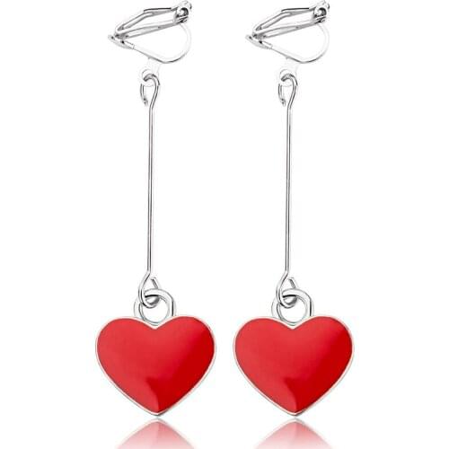 Red Heart Shape Drop Oil Dangle Earrings Simple Ear Clips Jewelry Birthday Present Party