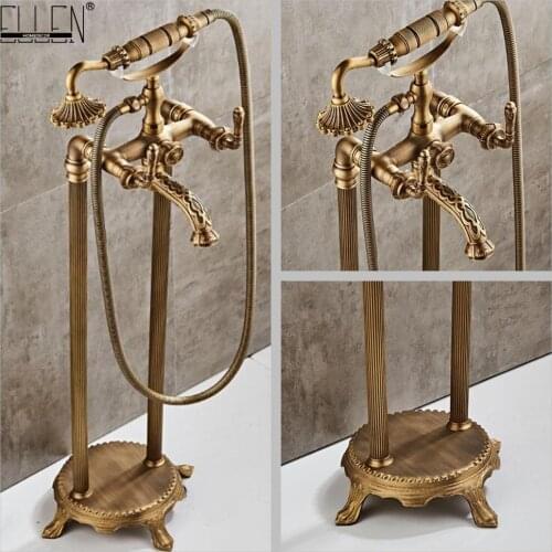 Vidric Bath Floor Stand Faucets Square Bathtub Faucet Antique Bronze Free Standing Bath Faucet Hot Cold with Hand Shower ELB726