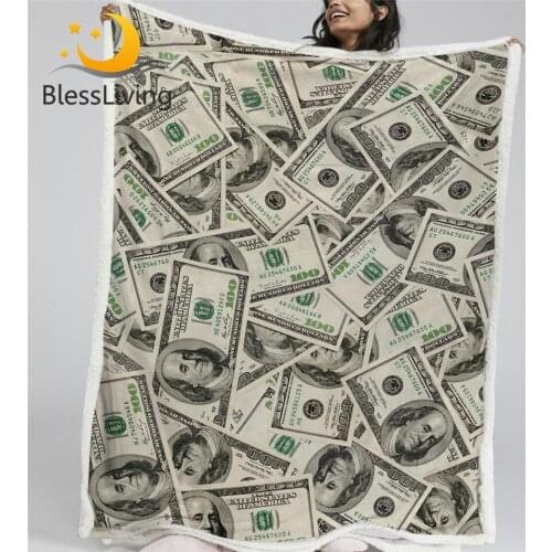 BlessLiving 3D Modern Sherpa Fleece Blanket Dollar Motif Print Throw Blanket Vivid Bedding Money Pattern Plush Blanket Dropship