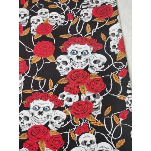 Black Skull 98/2 Cotton Spandex Fabric Rose Blue Eyes Massive Punk Style Patchwork Textile Tissue Home Clothing Elasitc viaPhil