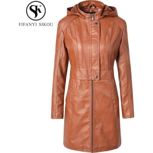 Autumn Winter Fashion Pu Leather Trench Coat women Zipper Long sleeve Hooded Long Trench Female Thick warm Overcoat High quality