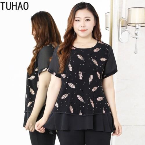 TUHAO Women Tops and Blouses Plus Size 10XL 8XL 6XL Womens Short-sleeved Shirt Summer Print Top Blouses for Office Lady WM91