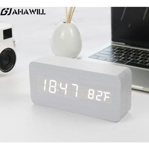 AHAWILL Smart LED Alarm Clock Multicolor Sound Control Wooden Watch With Temperature Table USB Powered Desktop Clocks Decor