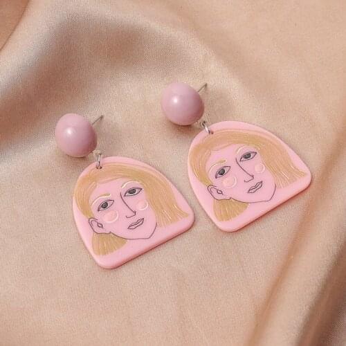 Minar Unique Design Pink Color Beauty Portrait Drop Earrings for Women Geometric Arcylic Printing Hanging Earrings Funny Jewelry