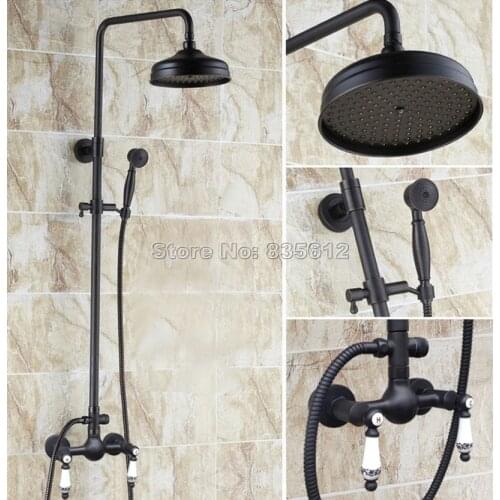 Bathroom Black Oil Rubbed Bronze Rain Shower Faucet Set with Handheld Shower & Ceramic Handles Mixer Taps Wall Mounted Wrs517
