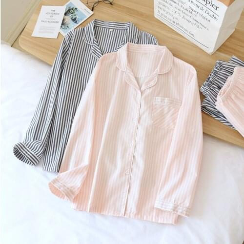 2021Spring And Summer New Couple Vertical Stripes Pajamas Two-piece 100% Cotton Long-sleeved Mens Simple Casual Home Wear Women