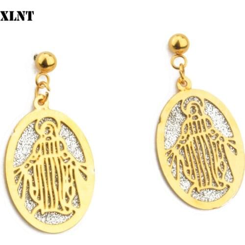 XLNT Catholic Virgin Mary Stud Earring Classic Mother of God Gold Earrings For Women Stainless Steel Jewelry Religion Accessory
