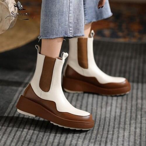 Sgesvier 2021 Newest Flat Platform Shoes Women Chelsea Boots Stretch Slip On Winter Genuine Leather Shoes Women Ankle Boots