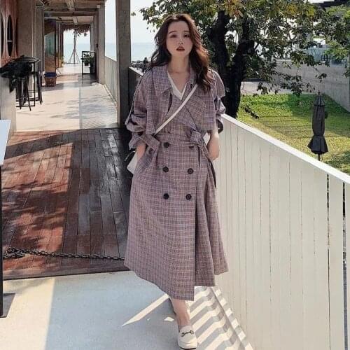 High Quality Plaid Printed Women Mid-length Trench Coat British Style Autumn Lapel Long Sleeve Windbreaker Loose Casual Female