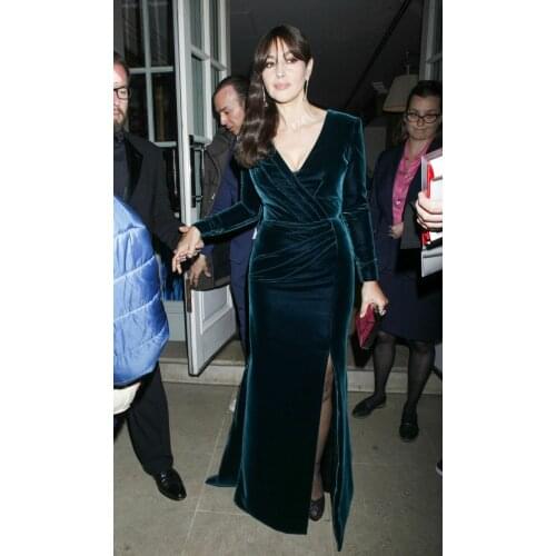 Sexy Long Sleeve V-Neck Teal Celebrity Dresses Velvet Robe De Soiree Floor Length Mermaid Side Slit Formal Gowns for Women