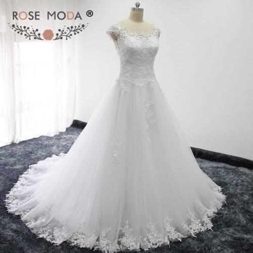 Rose Moda Short Cap Sleeves Lace A Line Wedding Dresses 2019 Backless Wedding Dress with Lace Vestidos de Noiva Real Photos