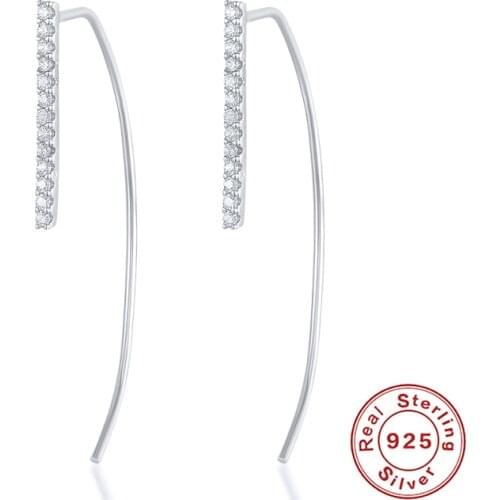 GS 925 Sterling Silver Gold Korean Fashion Long Arc Line Stud Earrings With Shiny Zircon Bar Ear Stud For Women Girls Jewelry