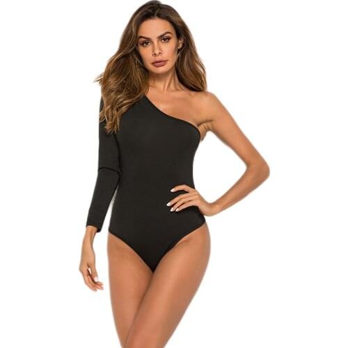 Black One Shoulder Irregular Basic Bodysuit Rib Elegant Women Sexy Bodysuits 2021 Fashion Long Sleeve Skinny Bodysuit