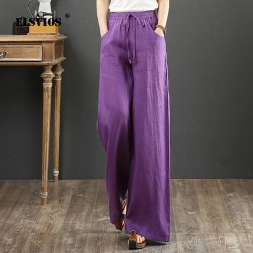 New Women Linen Casual Wide-leg Pants Loose Plus Size Summer 2021 Pants Fashion Vintage Lady Solid High Waist Straight Trousers