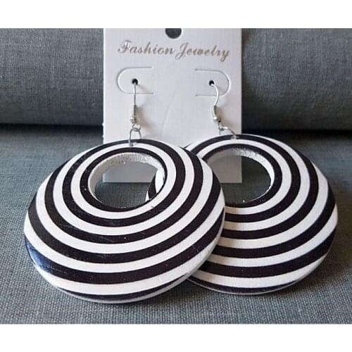 Black White Stripe Round Wood Drop Earrings Fashion Wooden Summer Bridal Wedding Jewelry Party Accessory