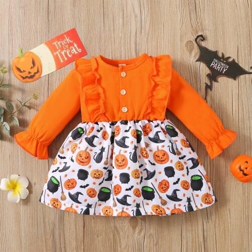Kid Girls Casual Long Sleeve Dress Cartoon Pumpkin Print Stitching A-line Dress Halloween Vestidos