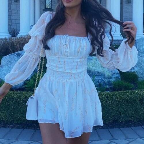 Jastie Women Dresses Summer 2021 Square Neck Floral Print Lantern Long Sleeve Elastic Waist Dress Bohemian Beach Prom Mini Dress