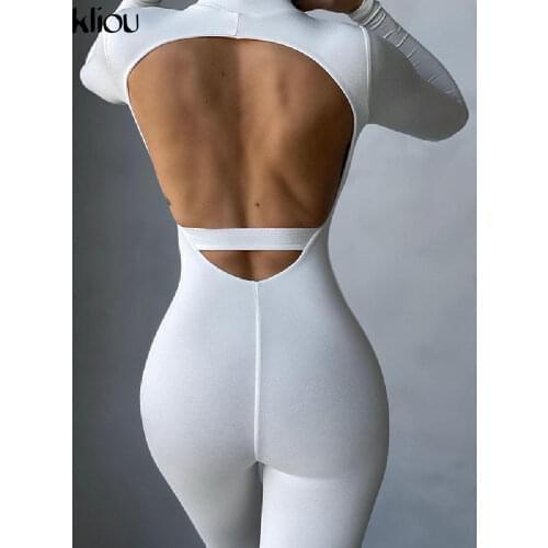 Kliou Backless Stretchy Sporty Rompers Womens Jumpsuit Long Sleeve Skinny Workout Active Wear Solid One Piece Overalls Female